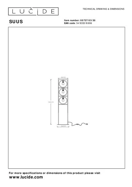 Lucide SUUS - Vloerlamp - 3xE27 - Zwart - technisch